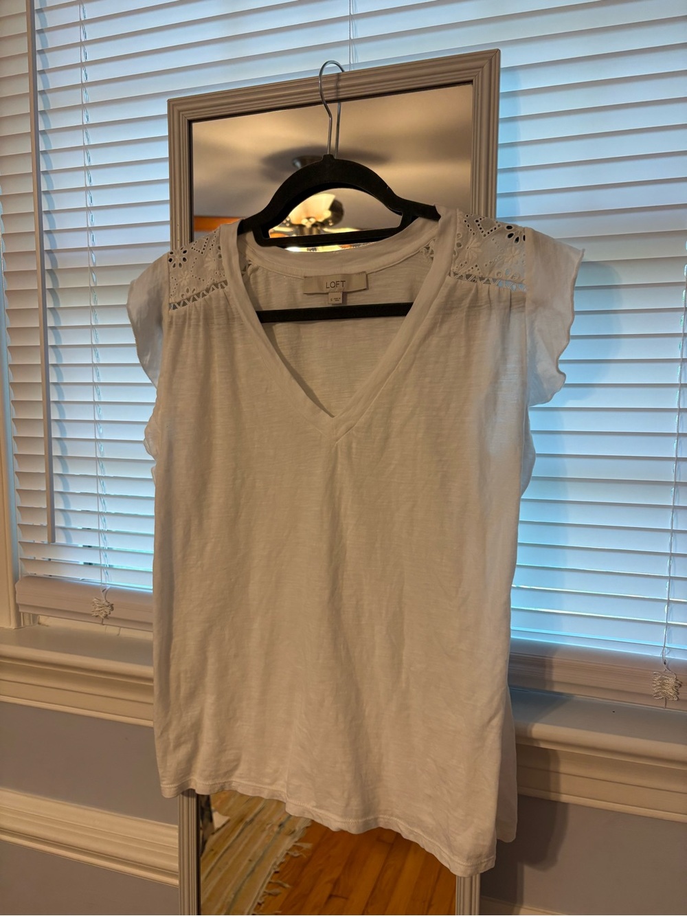 LOFT White Eyelet Cap-Sleeve V-Neck Blouse